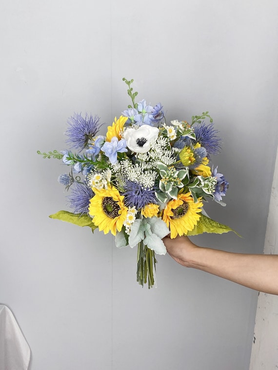 Sonnenblume & Blaue Distel Seidenhochzeitsstrauß, rustikaler Boho Stil