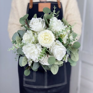 White Bridal Bouquet, Wedding White Rose Bouquet, Boho Flower Bouquet, Design in Rose, Peony, Ranunculus, Baby's Breath and Eucalyptus image 4