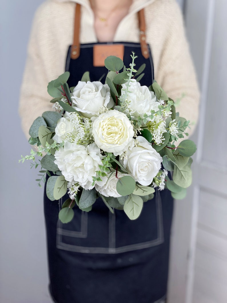 White Bridal Bouquet, Wedding White Rose Bouquet, Boho Flower Bouquet, Design in Rose, Peony, Ranunculus, Baby's Breath and Eucalyptus image 3