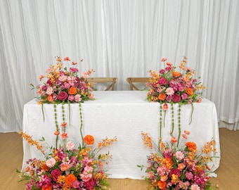 Hot Pink and Orange, Bright Wildflower Wedding Table Decor, Modern Bridal Trends Florals, Summer Vibe Aisle Flowers