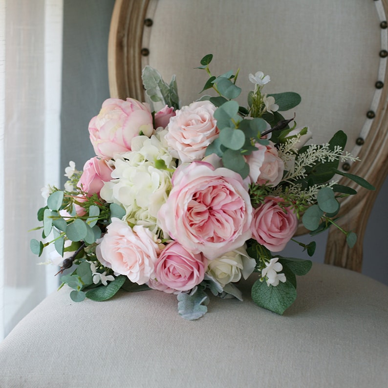 Blush and Ivory Wedding Bouquet, Classic Bridal Bouquet, Rustic Boho Flower Bouquet, Design in Rose, Peony, Hydrangeas and Eucalyptus image 4