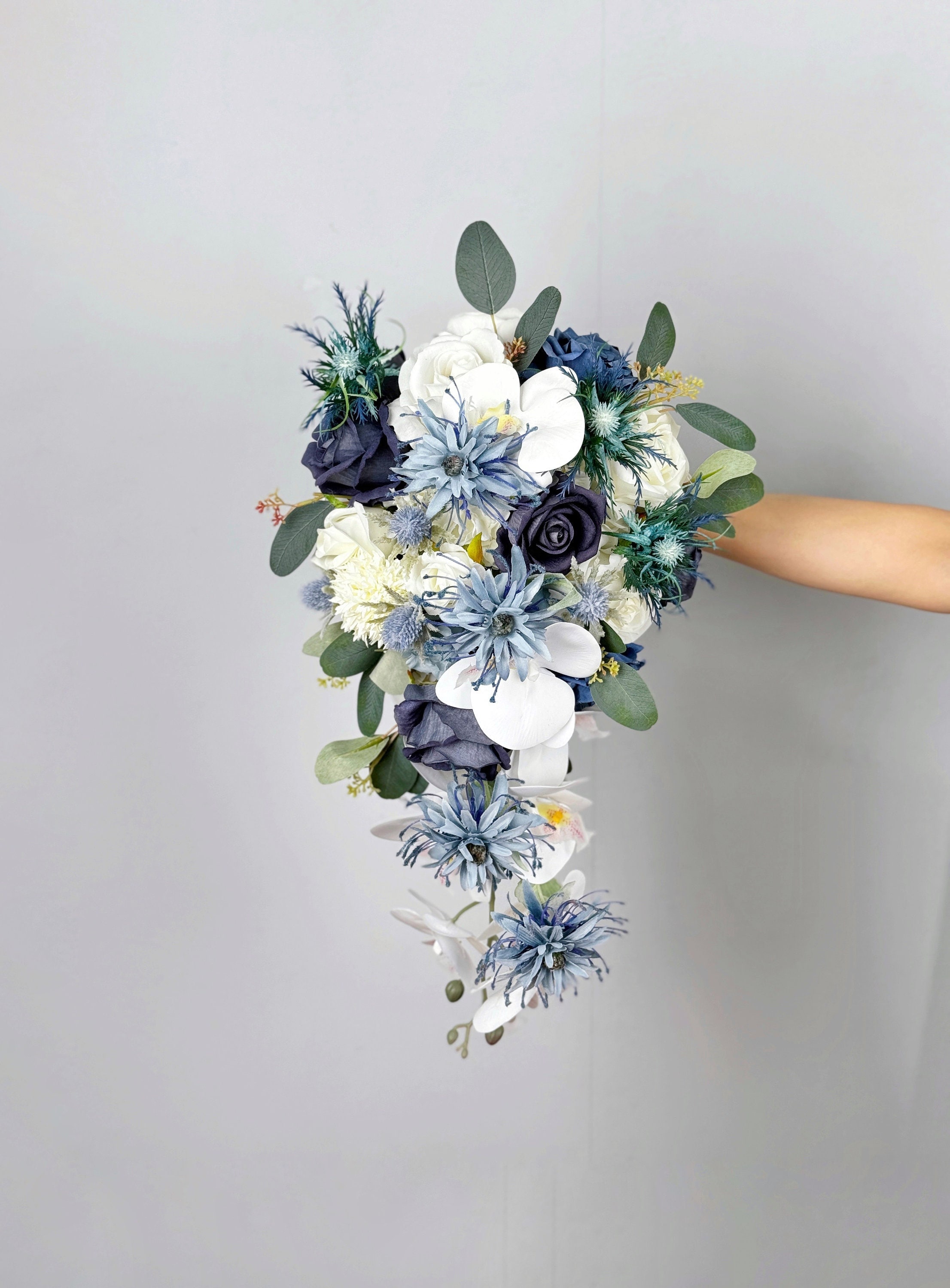 Dusty Blue Cascading Wedding Bouquet, Blue Thistle Bouquet, Navy 