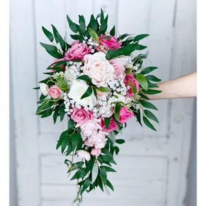 Cascading Wedding Bouquet, Fuchsia and Pink Bridal Bouquet, Boho Wedding Flower, Fuchsia Wedding Flowers, Made with Rose and Peonies