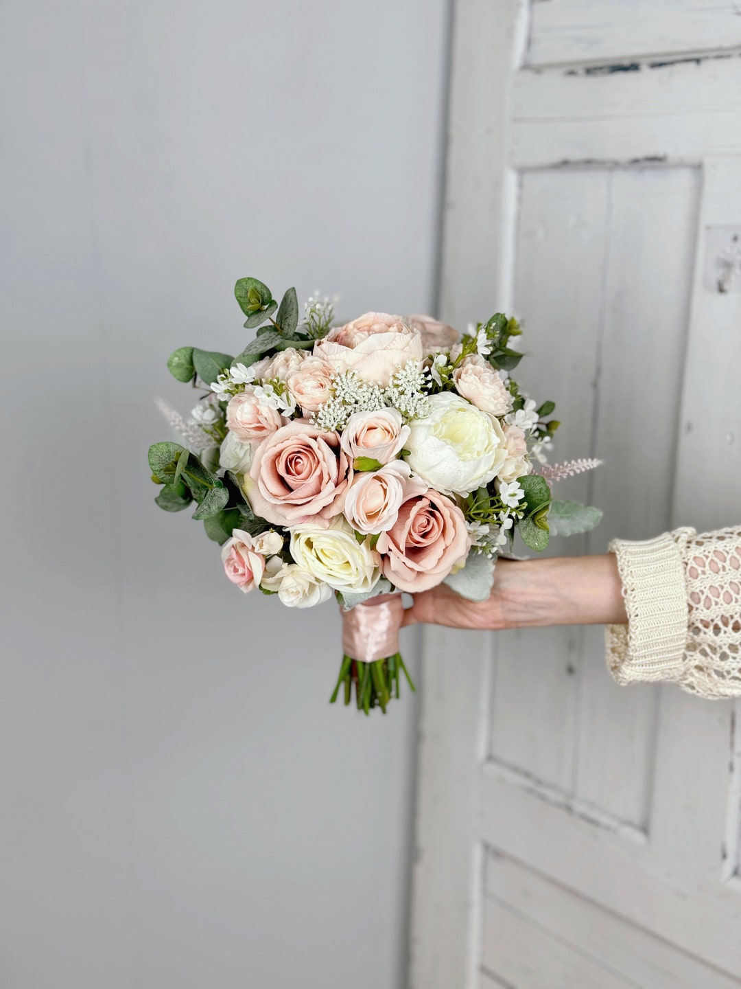 Mcgdmercigarden Dusty Rose Pink Bridal Bouquet, Classic Wedding Bouquet,  Rustic Boho Flower Bouquet, Design in Rose and Peony