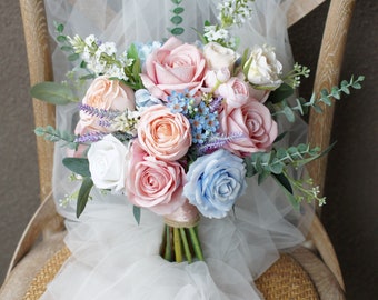 Dusty Pink and Blue Wedding Bouquet, Rustic Boho Flower Bouquet,  Design in Rose, Peony, Hydrangeas, Wild Flowers and Astilbe