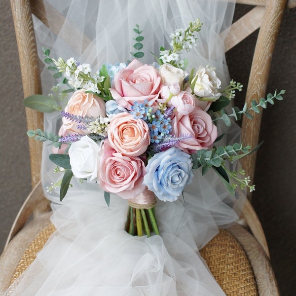 Dusty Pink and Blue Wedding Bouquet, Rustic Boho Flower Bouquet,  Design in Rose, Peony, Hydrangeas, Wild Flowers and Astilbe