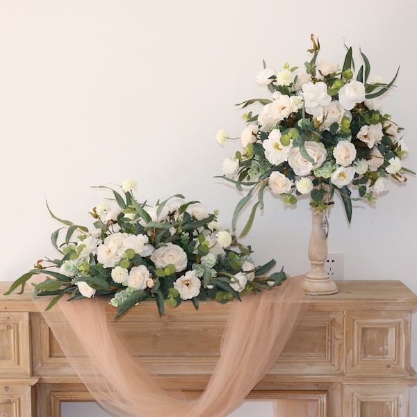 Ivory White Rose Wedding Table Arrangement, Sweetheart Table Flower, Wedding Reception Decor, Head Table Flowers, Wedding Floral Centerpiece