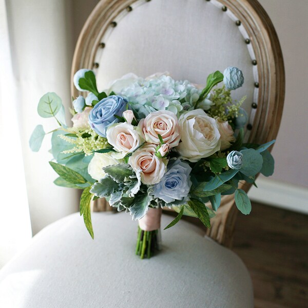 Dusty Blue Wedding Bouquet, Classic Bridal Bouquet, Rustic Boho Flower Bouquet,  Design in Rose, Peony and Eucalyptus