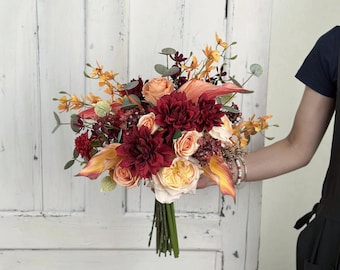 Terracotta and Burgundy Wedding Bouquet, Autumn Wedding Flowers, Made with Calla Lily, Dahlia and Roses