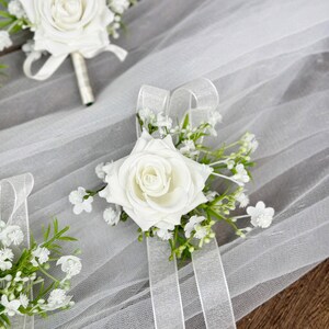 White Rose and Baby's Breath Boutonniere, White Wrist Corsage