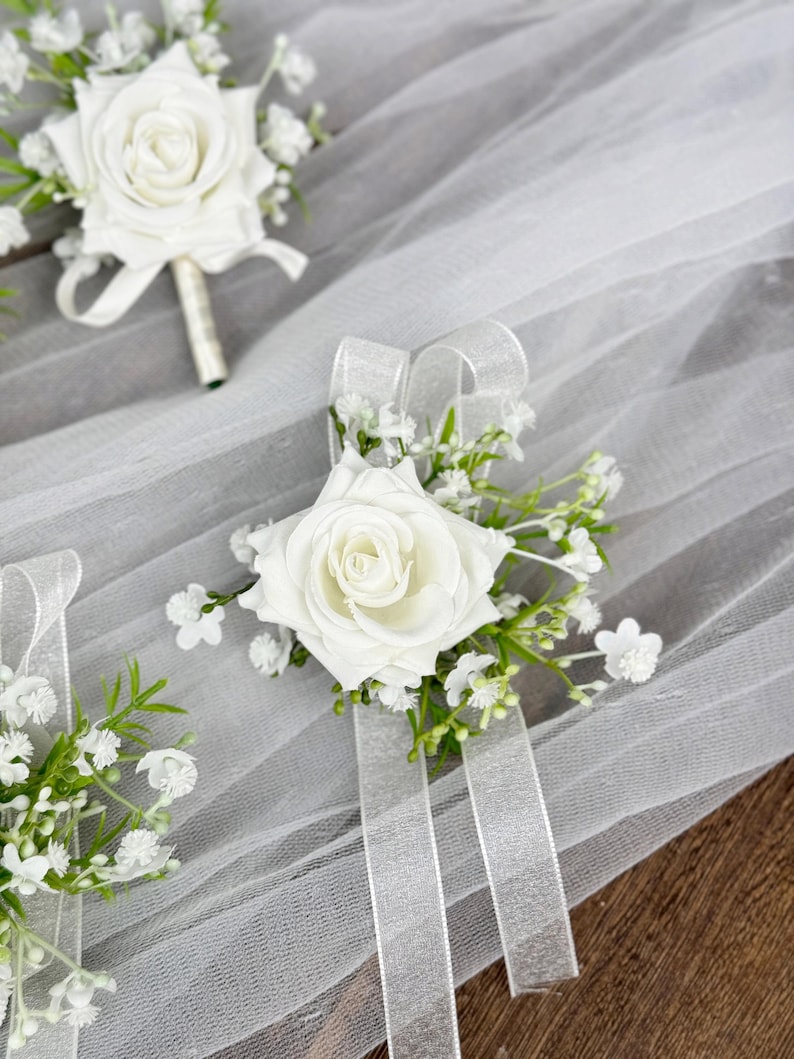 White Rose and Baby's Breath Boutonniere, White Wrist Corsage