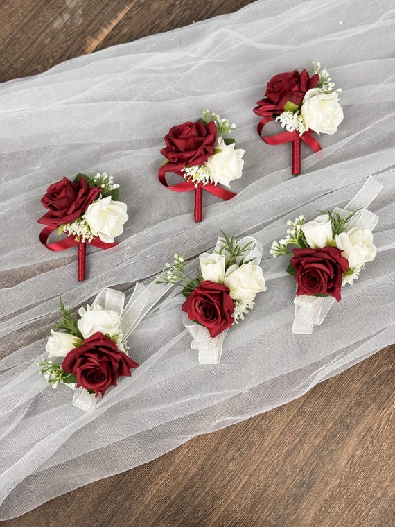 Burgundy Boutonniere for Men, Burgundy Wrist Corsage for Bridesmaid, Boho Wedding Accessories, Made with Roses and Baby's Breath