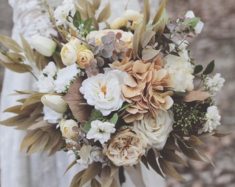 Taupe, Tan and Ivory Bridal Bouquet for Classic Autumn Wedding, Rustic Boho Bouquet in Wood Color