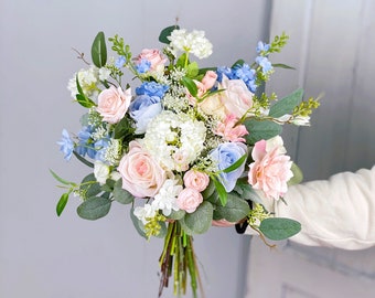 Boho Bridal Bouquet, Blush Pink and Blue Wedding Bouquet, Wedding Flower Bouquet,  Design in Rose, Ranunculus and Delphinium