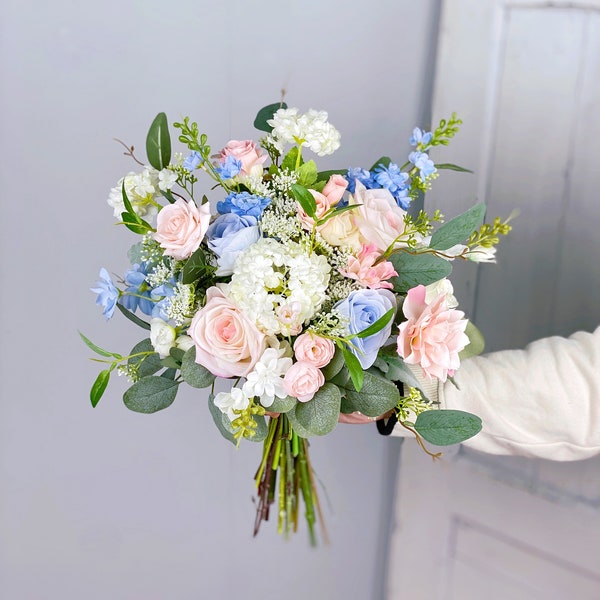 Boho Bridal Bouquet, Blush Pink and Blue Wedding Bouquet, Wedding Flower Bouquet,  Design in Rose, Ranunculus and Delphinium