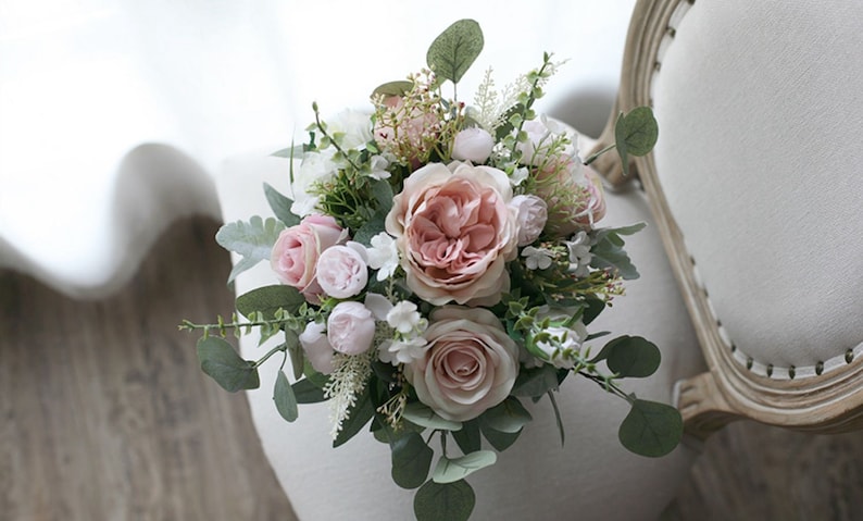 Dusty Pink Bridal Bouquet, Classic Wedding Rose Bouquet, Rustic Boho Flower Bouquet, Design in Rose image 5