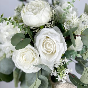 White Bridal Bouquet, Wedding White Rose Bouquet, Boho Flower Bouquet, Design in Rose, Peony, Ranunculus, Baby's Breath and Eucalyptus image 8