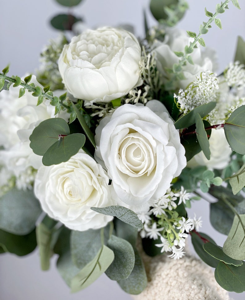 White Bridal Bouquet, Wedding White Rose Bouquet, Boho Flower Bouquet, Design in Rose, Peony, Ranunculus, Baby's Breath and Eucalyptus image 7