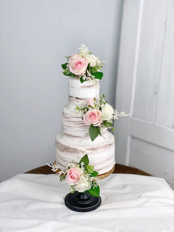 Floral Wedding Cake Topper Set, Pink & White Flowers, Rustic Boho Decor