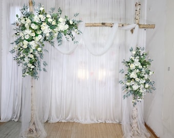 Weiße Rose, Gänseblümchen, Pfingstrose, Hortensie und Salbei Eukalyptus Hochzeit Torbogen Blume, Hochzeit Ecke Swag, Hochzeit Hintergrund, Laube Gazebo Blumen