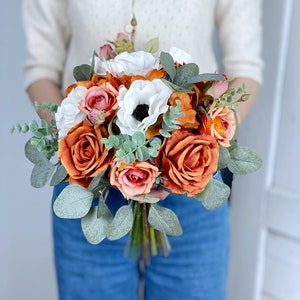 Autumn Bridal Bouquet, Terracotta and Anemone Wedding Bouquet, Fall Wedding Flower, Made with Rose, Hydrangeas and Anemone