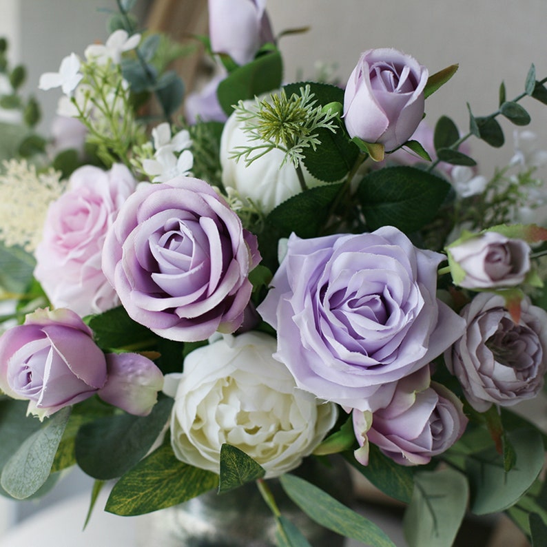 Lavender Bridal Bouquet, Classic White and Dusty Purple Rose Wedding Bouquet, Rustic Boho Flower Bouquet, Design in Rose and Peony image 3