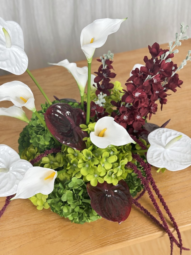 Calla Lily Anthurium Centerpiece, Burgundy Tropical Wedding Table Flowers, Summer Wedding Head Table Decor. image 4