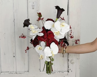 Burgundy and White Morden Bridal Trend Bouquet, Teardrop Bridal Bouquet, Made with Calla Lily, Orchids, and Roses