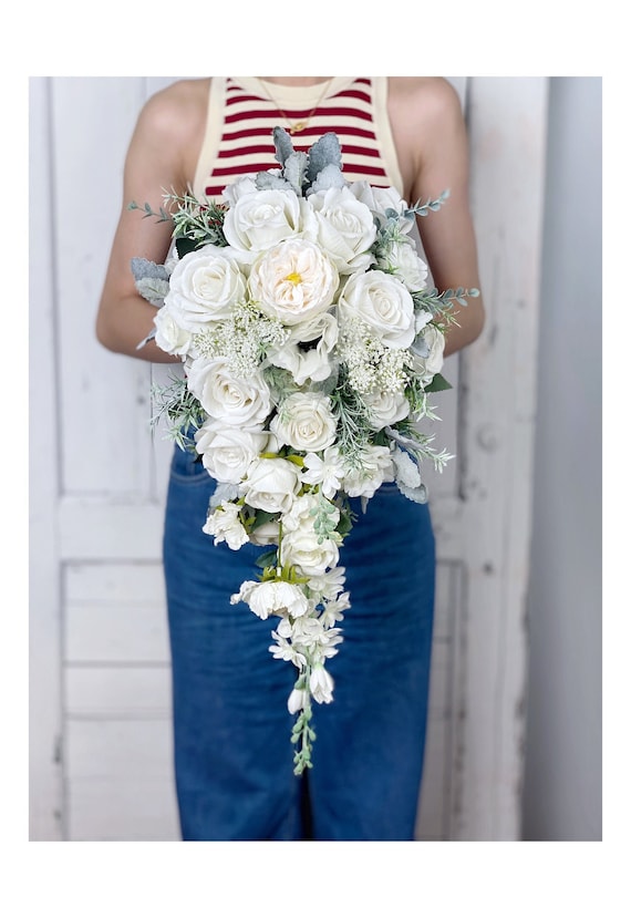 White Cascading Wedding Bouquet, White Bridal Bouquet, Rustic
