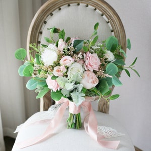 White, Blush and Eucalyptus Bridal Bouquet, Classic Wedding Bouquet, Rustic Boho Flower Bouquet, Design in Rose, Peony and Hydrangea