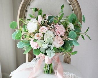 White, Blush and Eucalyptus Bridal Bouquet, Classic Wedding Bouquet, Rustic Boho Flower Bouquet, Design in Rose, Peony and Hydrangea