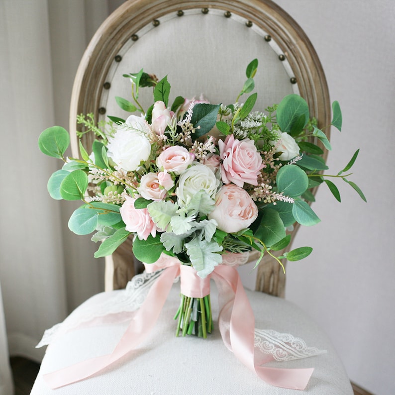 White Blush and Eucalyptus Bridal Bouquet Classic Wedding Etsy
