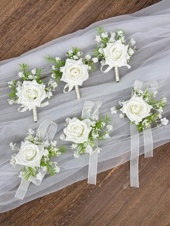 White Rose and Baby's Breath Boutonniere for Men, Wrist Corsage for Bridesmaid, White Boho Wedding Accessories, Gypsophila Button Hole