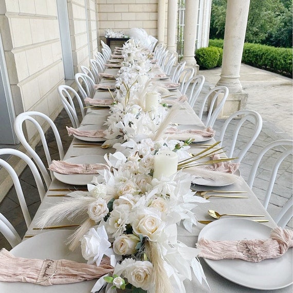 Pampas Grass Boho Wedding Table Runner, Ivory, Beige Table