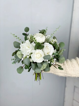 Bouquet Di Rose Nuziali In Seta Per Sposa - Finto Mazzo Di Fiori Bianco Per Matrimonio, Foto, Bomboniera, 26x20 Cm
