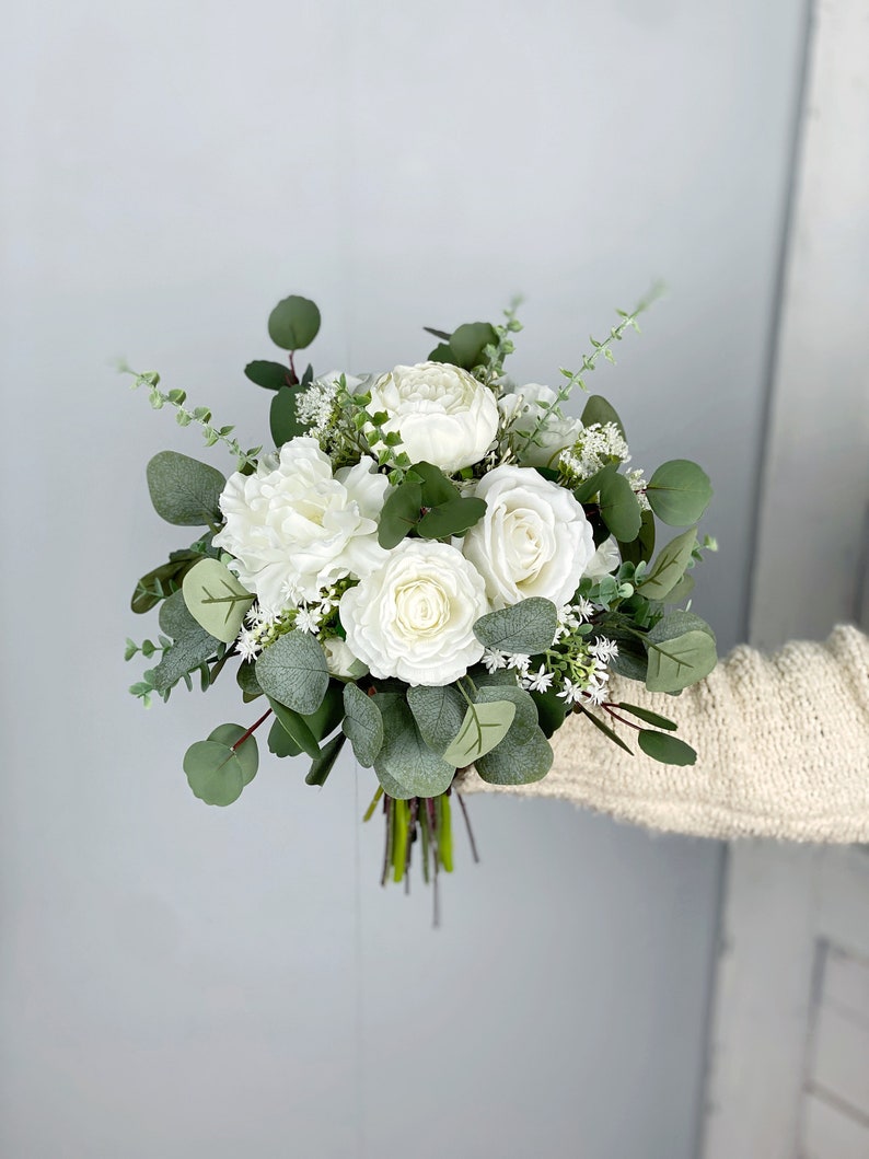 White Bridal Bouquet, Wedding White Rose Bouquet, Boho Flower Bouquet, Design in Rose, Peony, Ranunculus, Baby's Breath and Eucalyptus image 1