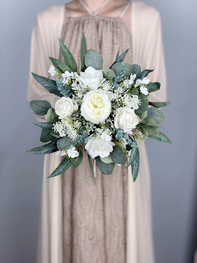 Cascading White Bridal Bouquet White and Emerald Green Etsy