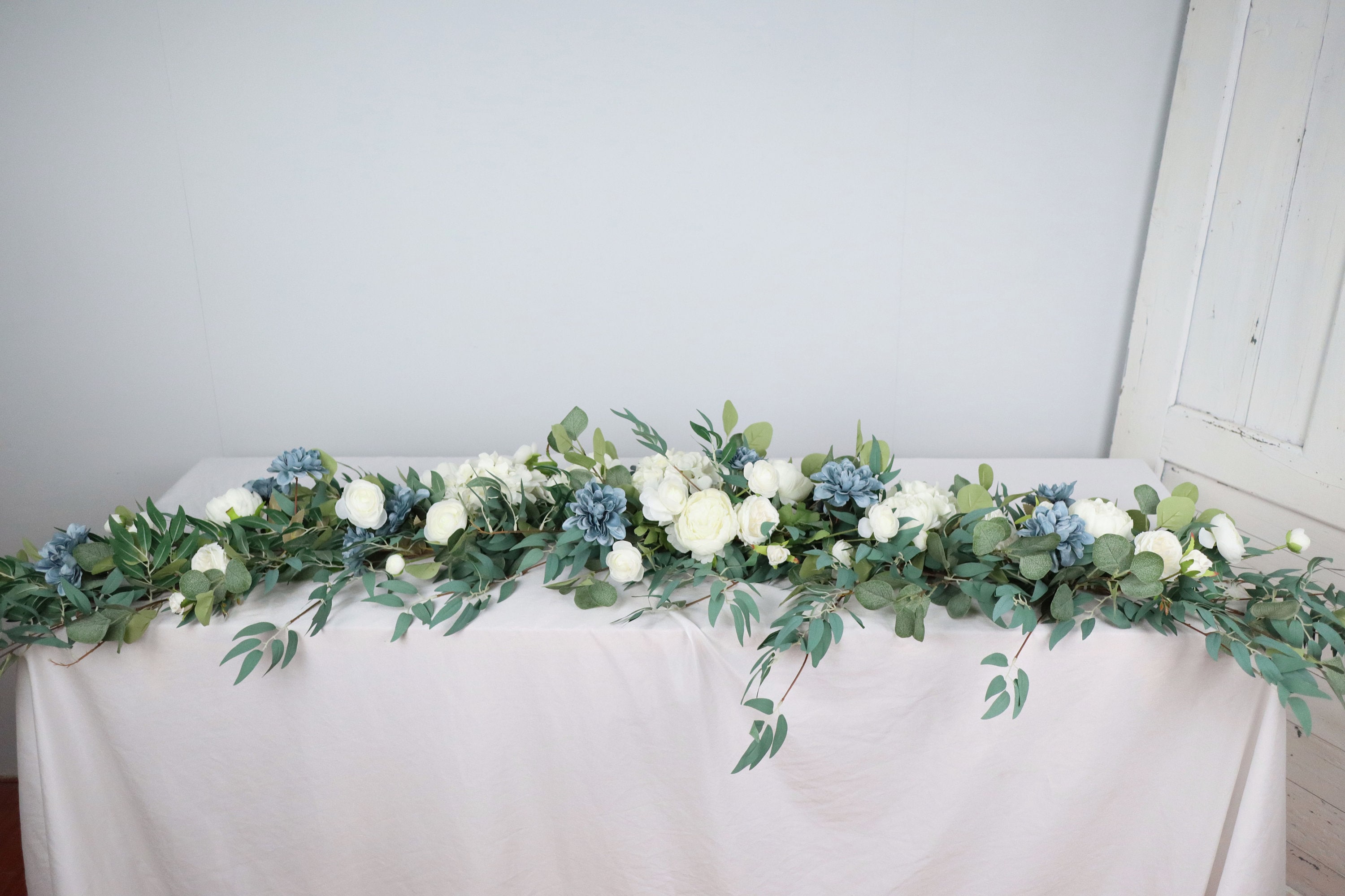 White and Dusty Blue Flower Runner, Fireplace Decor, Head Table