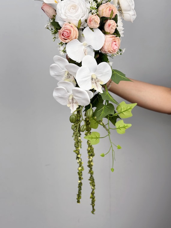 White & Dusty Pink Silk Bouquet: Cascading Wedding Flowers, Made With Anthurium, Orchids, Calla Lily, Ranunculus - Etsy White & Dusty Pink Silk Bouquet: Cascading Wedding Flowers, Made With Anthurium, Orchids, Calla Lily, Ranunculus - Etsy
