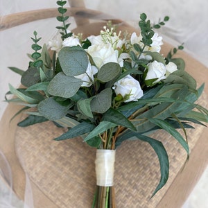 White Rose Bridal Bouquet, Classic Wedding White Peony Bouquet, Rustic Boho Flower Bouquet, Design in Rose,Peony and Eucalyptus image 5