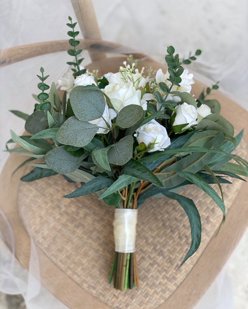 White Rose Bridal Bouquet, Classic Wedding White Peony Bouquet, Rustic Boho Flower Bouquet, Design in Rose,Peony and Eucalyptus image 5