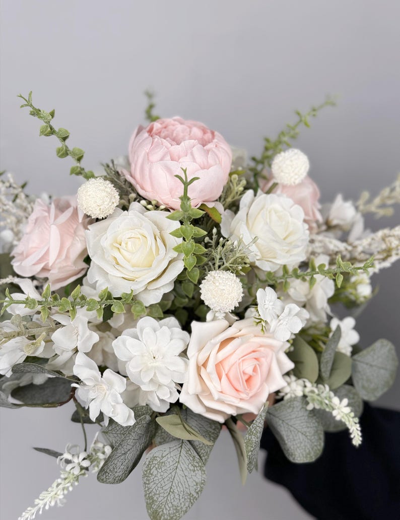White Blush Roses White and Blush Rose Bridal Bouquet, Classic Wedding Bouquet, Rustic ...