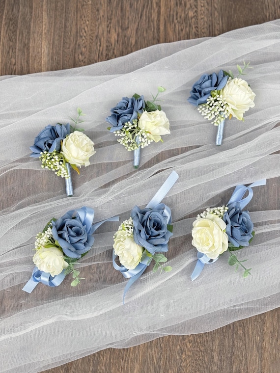 Dusty Blue Boutonniere for Men, Dusty Blue Wrist Corsage for