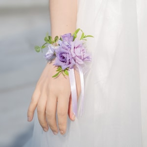 Lavender Bridal Bouquet, Classic White and Dusty Purple Rose Wedding Bouquet, Rustic Boho Flower Bouquet, Design in Rose and Peony Wrist Corsage