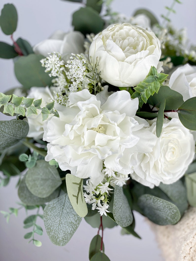 White Bridal Bouquet, Wedding White Rose Bouquet, Boho Flower Bouquet, Design in Rose, Peony, Ranunculus, Baby's Breath and Eucalyptus image 6