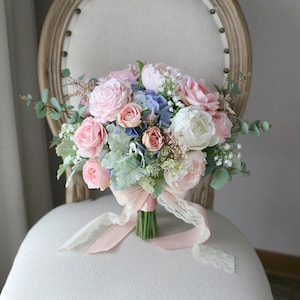 Bridal Bouquet,Blush Pink and Pale Blue Classic Wedding Bouquet, Rustic Boho Flower Bouquet,  Design in Rose Peony and Hydrangea