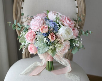 Bridal Bouquet,Blush Pink and Pale Blue Classic Wedding Bouquet, Rustic Boho Flower Bouquet,  Design in Rose Peony and Hydrangea