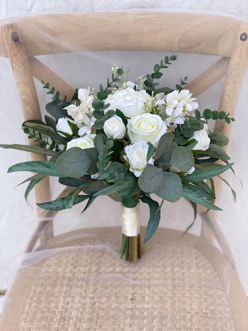 White Rose Bridal Bouquet, Classic Wedding White Peony Bouquet, Rustic Boho Flower Bouquet, Design in Rose,Peony and Eucalyptus image 1