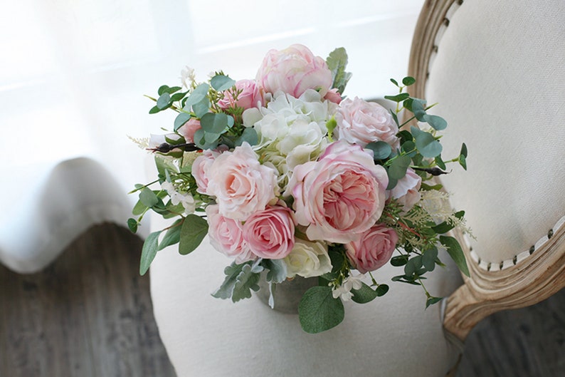 Blush and Ivory Wedding Bouquet, Classic Bridal Bouquet, Rustic Boho Flower Bouquet, Design in Rose, Peony, Hydrangeas and Eucalyptus image 5