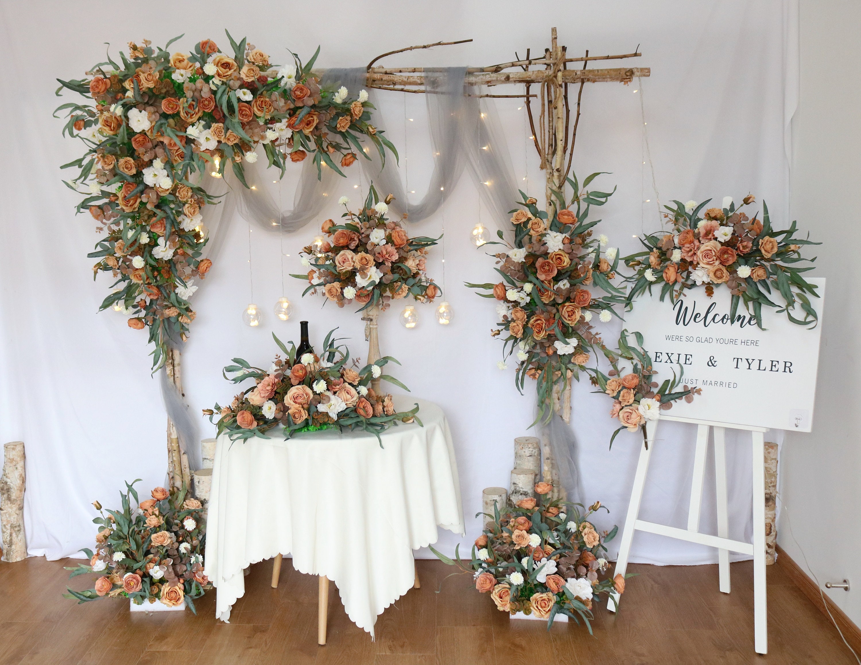 Terracotta,Toffee, White and Greenery, Autumn Fall Wedding Flower Garland for Rectangle Arch, Wedding Swag Flowers , Wedding Backdrop